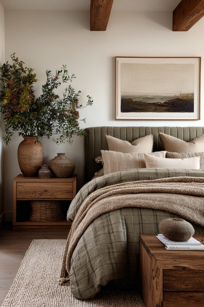 upholstered bed frame, tufted bed, fabric bed, queen bed, bedroom furniture, lifestyle, calm, luxurious, neutral, brown